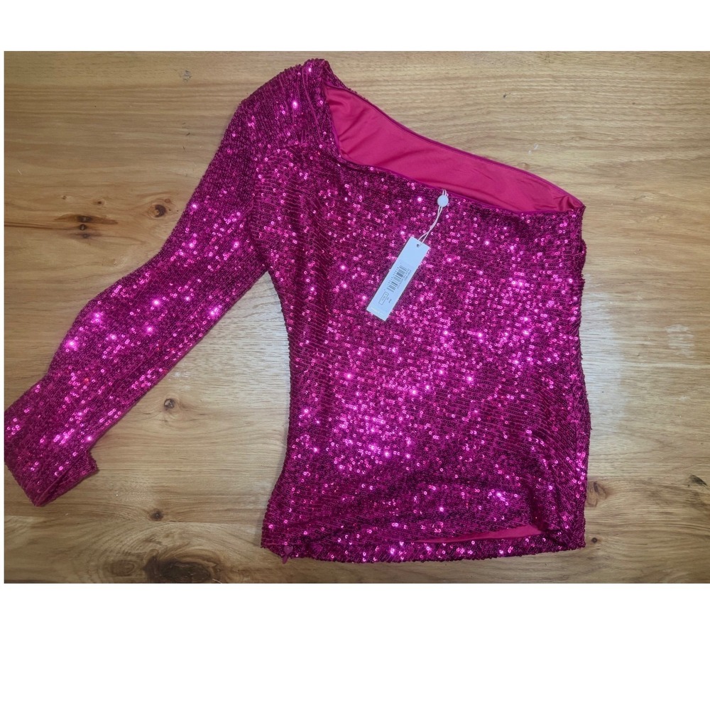 Trina Turk Magenta Pink One Shoulder Sequin Top Long Sleeve‎ XS  Party Cocktail